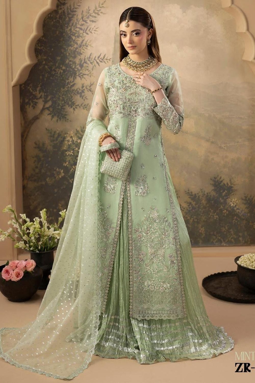 Green Hand Embellished Organza Sharara Suit Online in Dubai UAE Abudhabi Ajman Sharjah