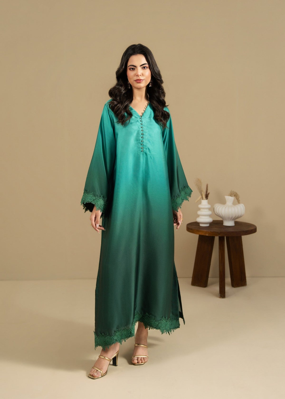 Green Lacework Silk Kaftan Online in Dubai DXB UAE Abudhabi Meena Bazaar