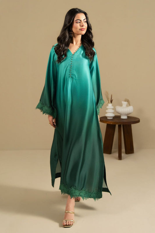 Green Lacework Silk Kaftan Online in Dubai UAE Abudhabi Ajman Sharjah