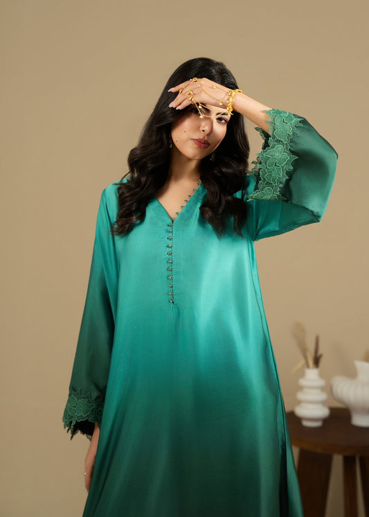 Green Lacework Silk Partywear Kaftan Online in UK USA Canada