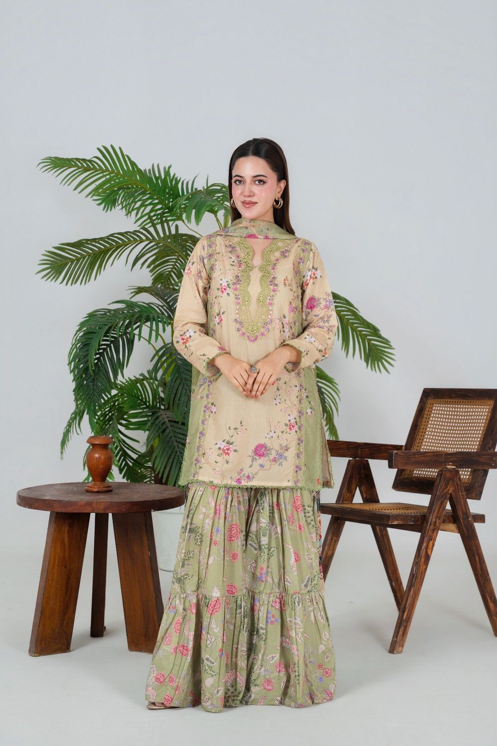 Green Mellow Yellow Embroidered Poly Lawn Kurti Gharara Online in Dubai UAE Abudhabi Ajman Sharjah