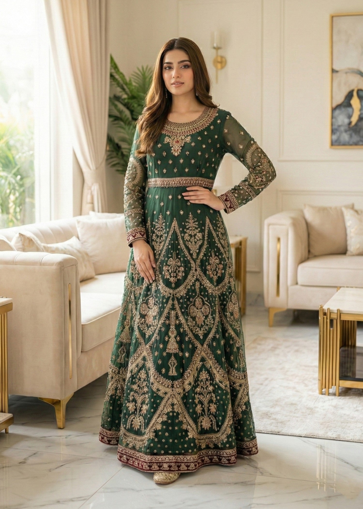 Green Net Embroidered Partywear Suit Online in Sri Lanka India Australia