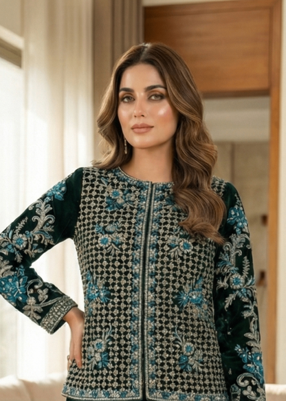 Green Organza Dupatta Velvet Lehenga Online in Dubai UAE Abudhabi Ajman Sharjah