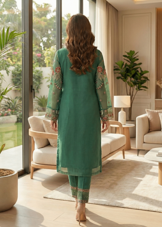 Green Organza Embroidered 3 Piece Suit Online in Sri Lanka India Australia