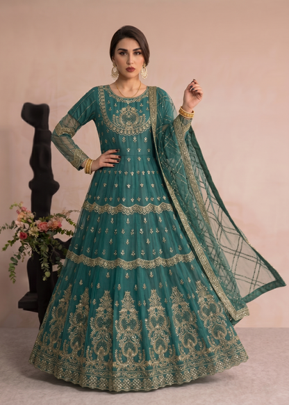 Green Organza Embroidered Partywear Dress Material Online in Sri Lanka India Australia