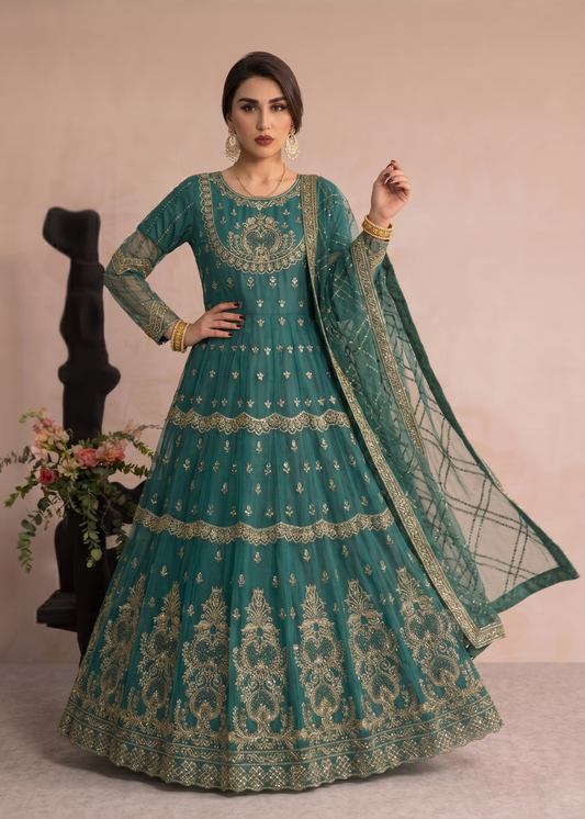 Green Organza Embroidered Partywear Dress Material Online in Sri Lanka India Australia