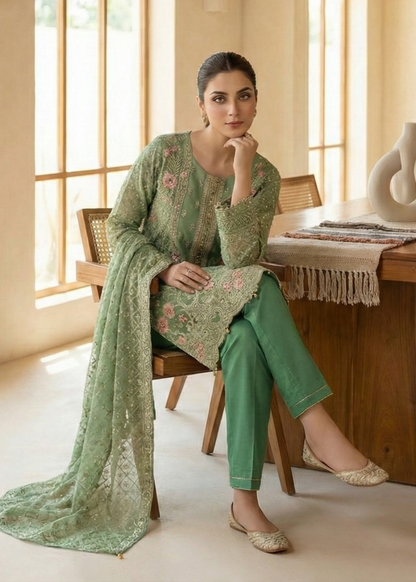 Green Organza Three Piece Festive Outfit Online in Dubai UAE Abudhabi Ajman Sharjah