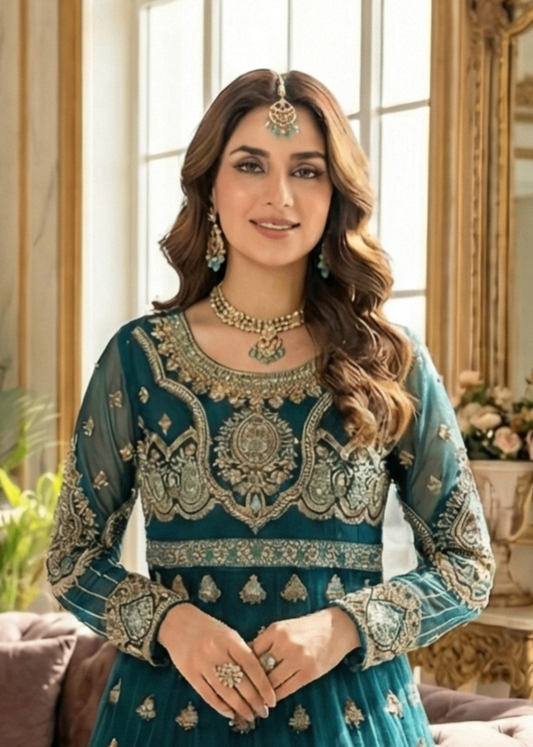 Green Raw Silk Embroidered Organza Pakistani Suit Online in Dubai DXB UAE Abudhabi Meena Bazaar