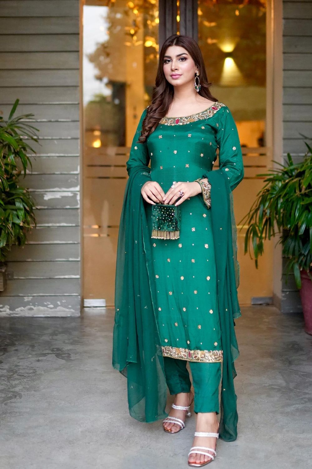 Green Raw Silk Festive Party Wear Suit Online in Dubai UAE Abudhabi Ajman Sharjah