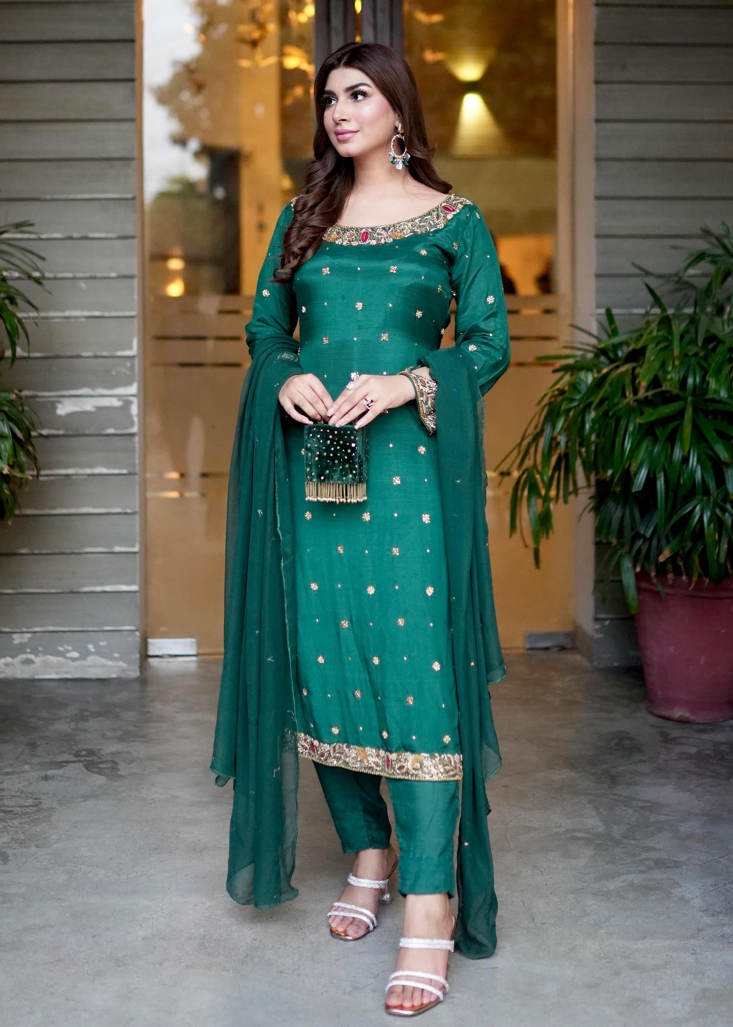 Green Raw Silk Straight Cut Kurta Online in Sri Lanka India Australia