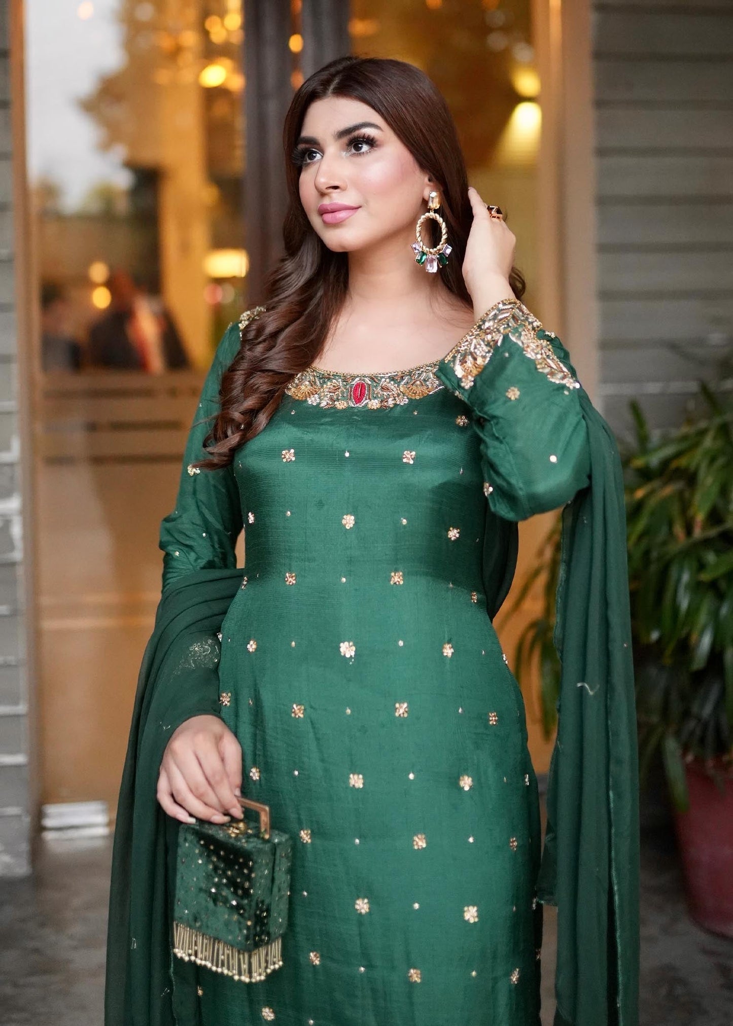 Green Raw Silk Three Piece Pakistani Suit Online in Dubai DXB UAE Abudhabi Meena Bazaar