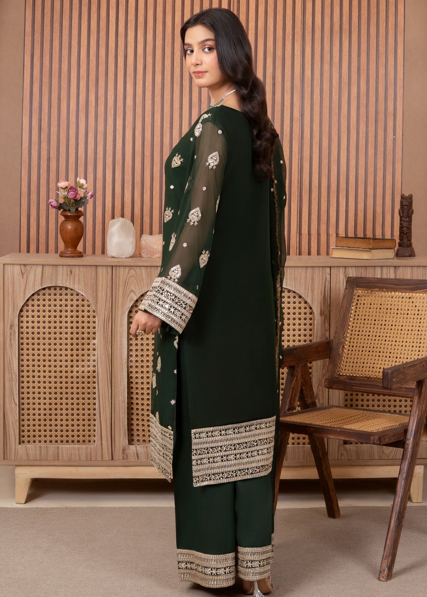 Green Sequin Boti Chiffon Partywear Outfit Online in Sri Lanka India Australia