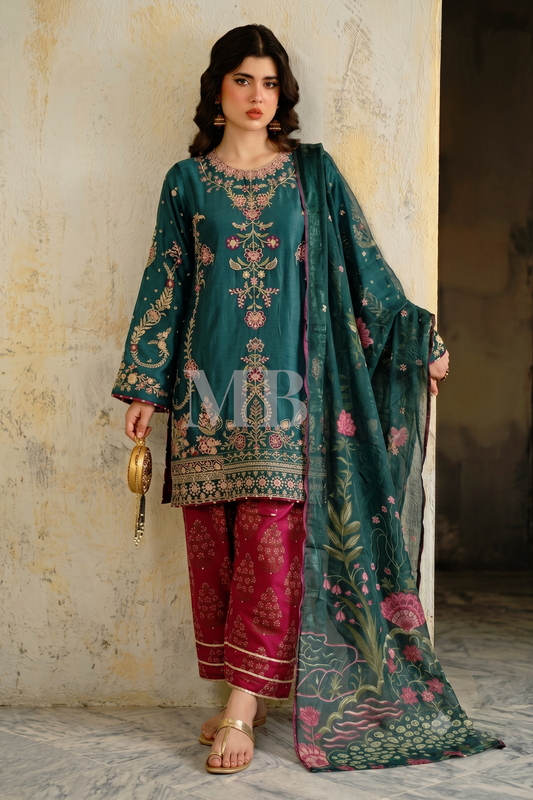 Green Silk Farshi Shalwar Suit with Munar Dupatta Online in Dubai UAE Abudhabi Ajman Sharjah