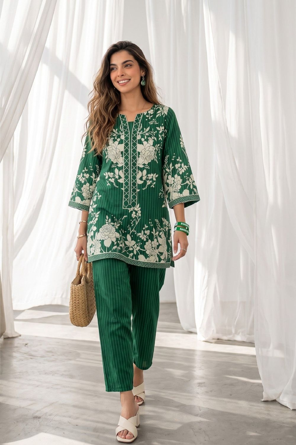 Green Slub Lawn Straight Cut Kurta Set Online in Dubai UAE Abudhabi Ajman Sharjah