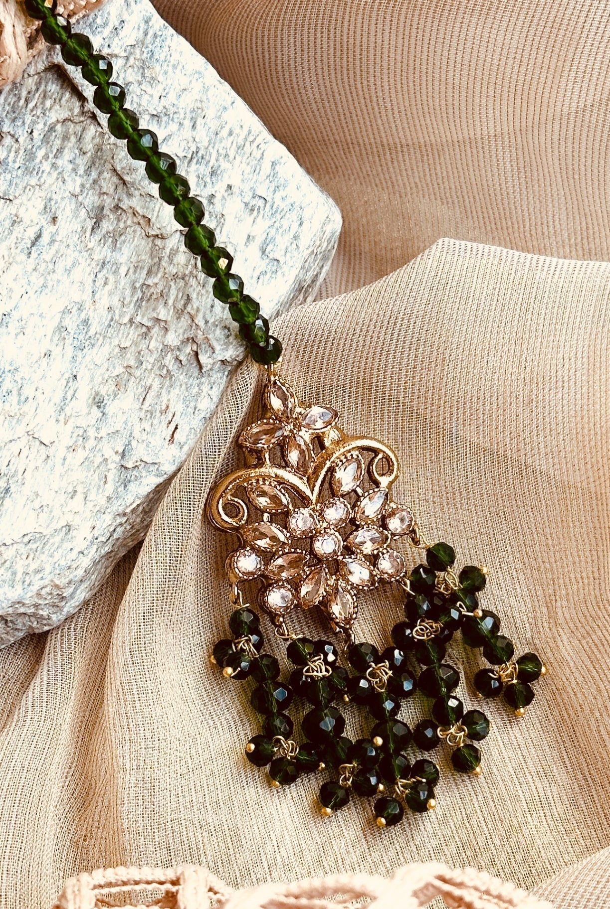 Green Stone Work Jhumka Tikka Set for Wedding Online in UK USA Canada