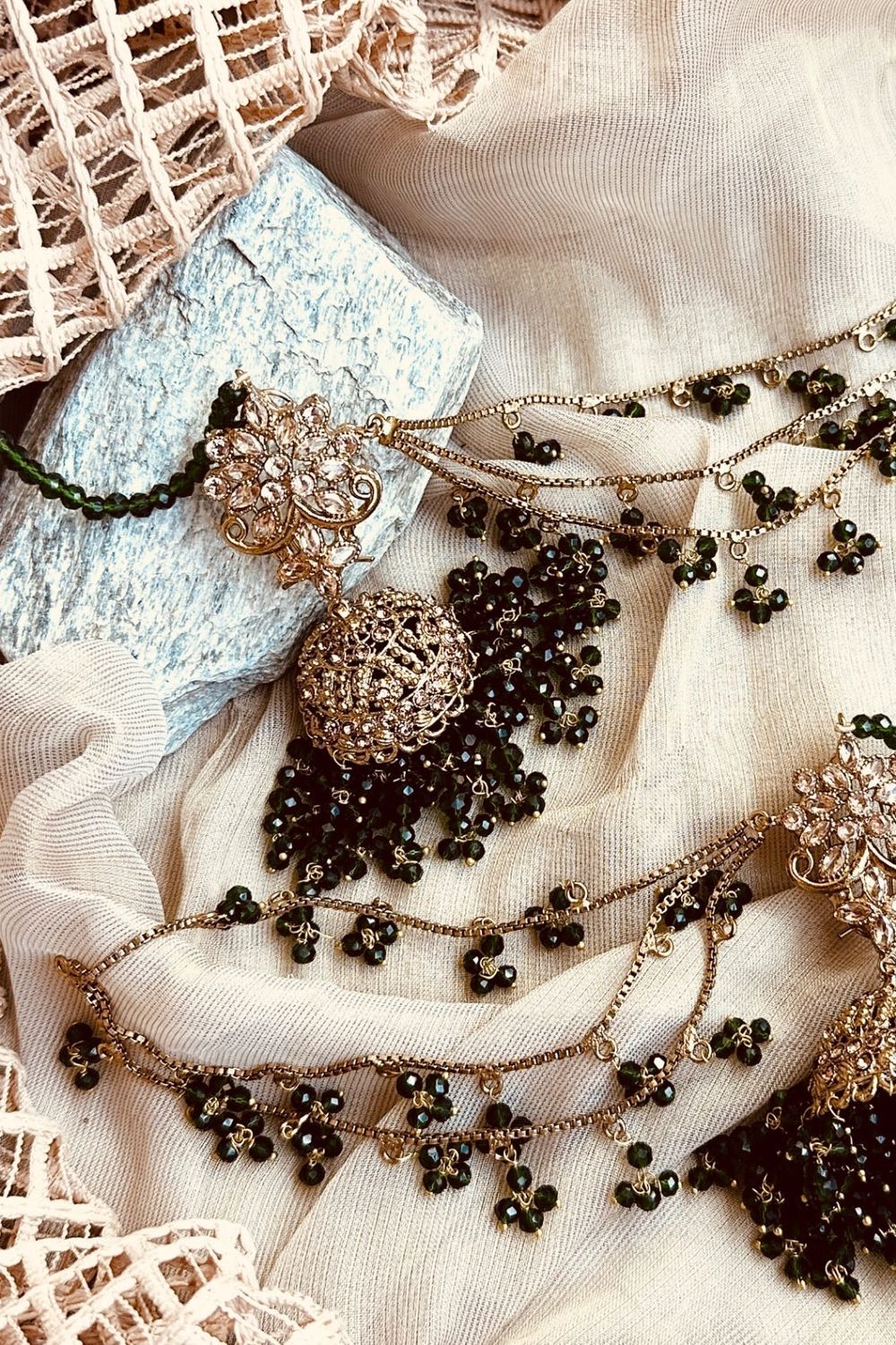 Green Stone Work Jhumki Tikka Jewellery Set Online in Dubai UAE Abudhabi Ajman Sharjah