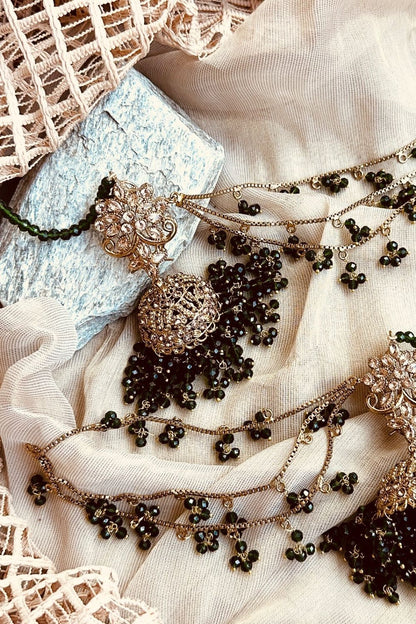 Green Stone Work Jhumki Tikka Jewellery Set Online in Dubai UAE Abudhabi Ajman Sharjah