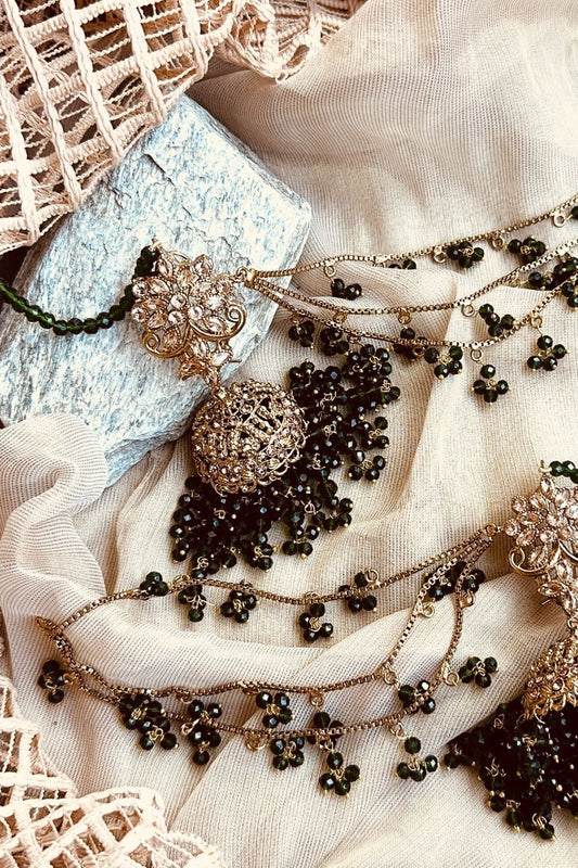Green Stone Work Jhumki Tikka Jewellery Set Online in Dubai UAE Abudhabi Ajman Sharjah