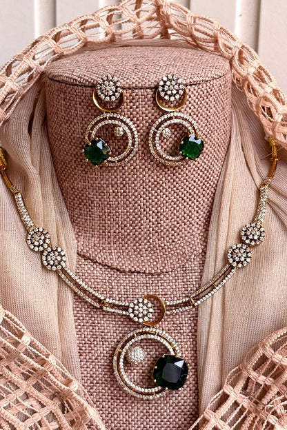 Green Stone Work Necklace Earrings Tikka Set Online in Dubai UAE Abudhabi Ajman Sharjah