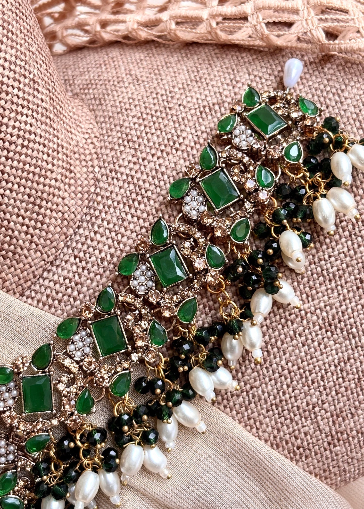 Green Stone Work Wedding Necklace Set Online in UK USA Canada