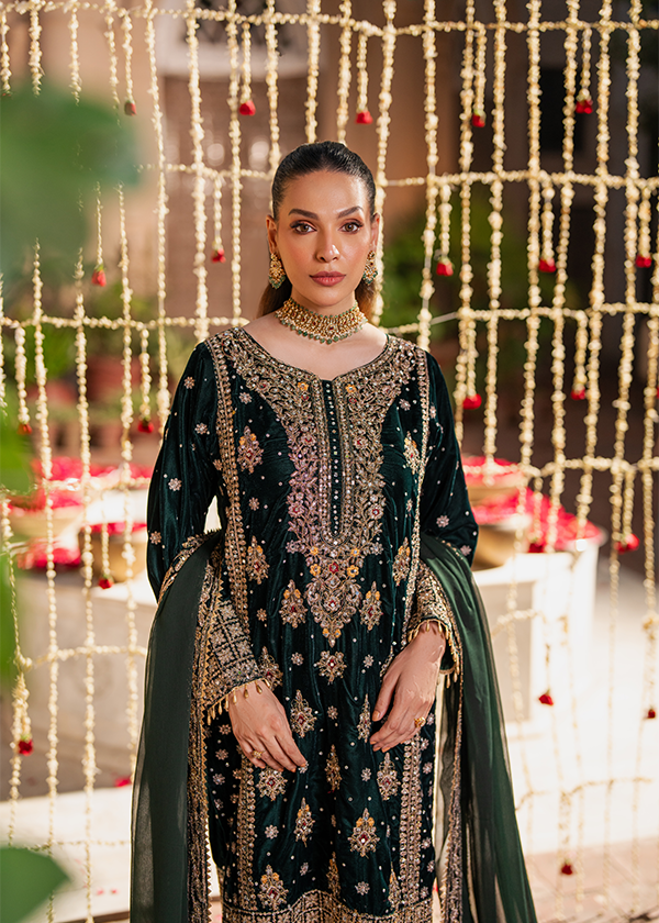 Green Velvet Embroidered Dupatta Set Online in UK USA Canada