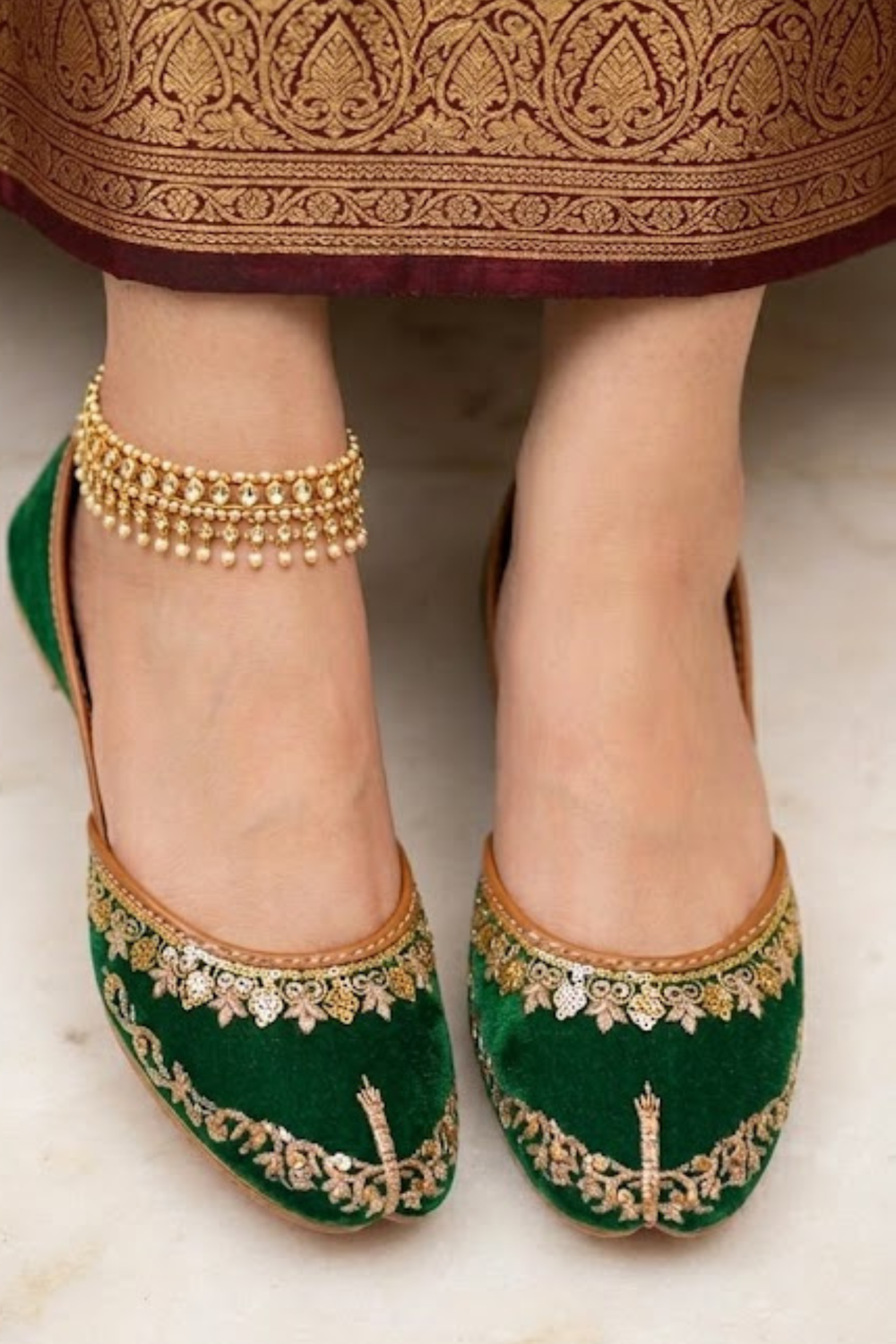 Green Velvet Embroidered Khussa Shoes Online in Dubai UAE Abudhabi Ajman Sharjah