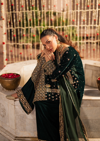 Green Velvet Resham Sequin Embroidered Pakistani Suit Online in Dubai UAE Abudhabi Ajman Sharjah