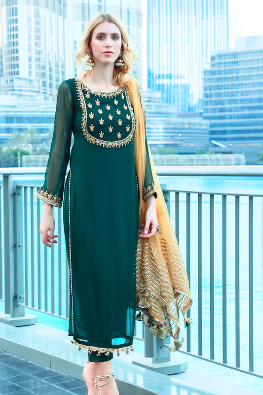Green Hand Embroidered Chiffon Suit