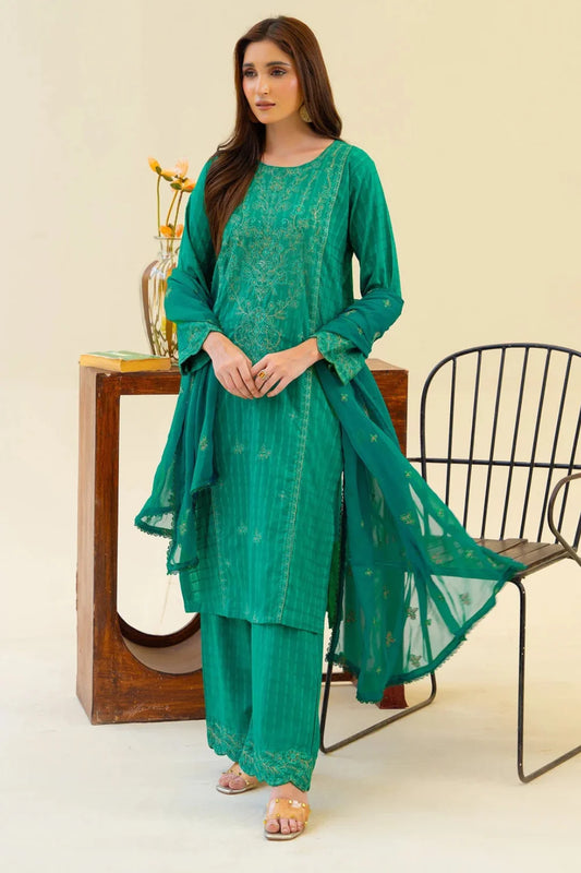 Emerald Green Embroidered Cotton Kurta Set with Dupatta