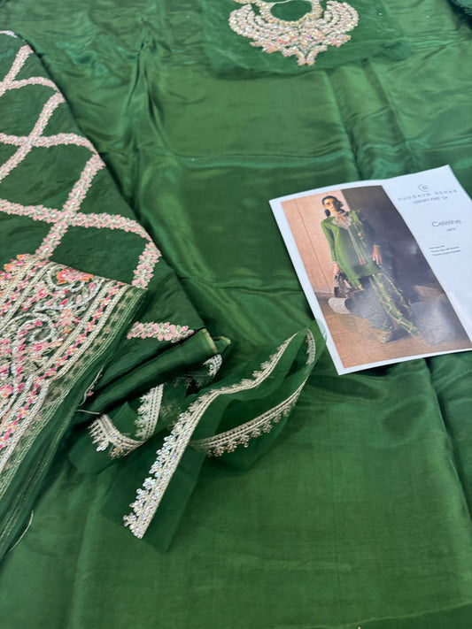 Green Hand Embellished Raw Silk Suit