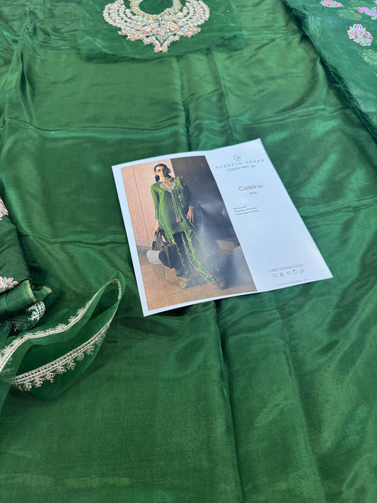 Green Hand Embellished Raw Silk Suit