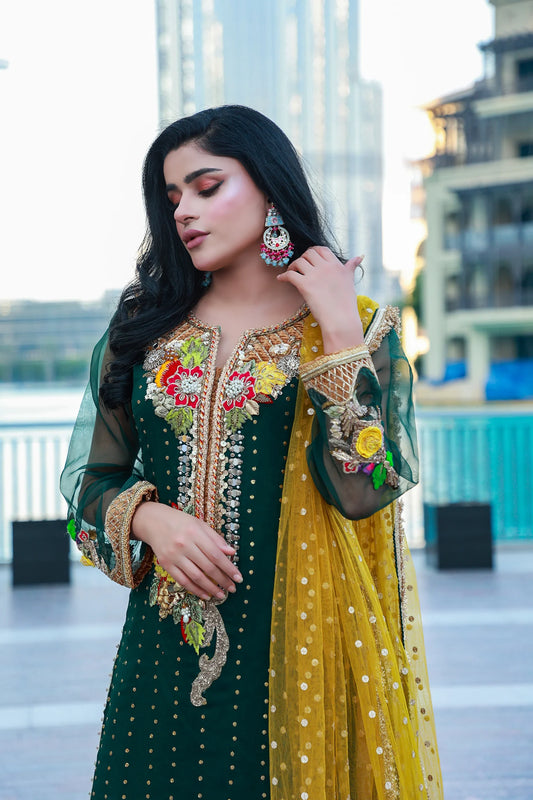 Hand Embroidered Green Pure Chiffon Suit with Kora, Dabka, Mirror & Mukesh Work