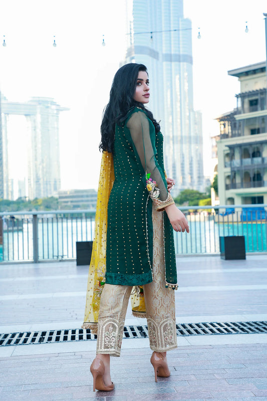 Hand Embroidered Green Pure Chiffon Suit with Kora, Dabka, Mirror & Mukesh Work