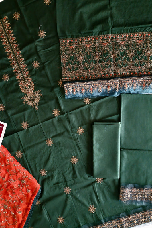 Green Embroidered Lawn Suit with Chiffon Dupatta