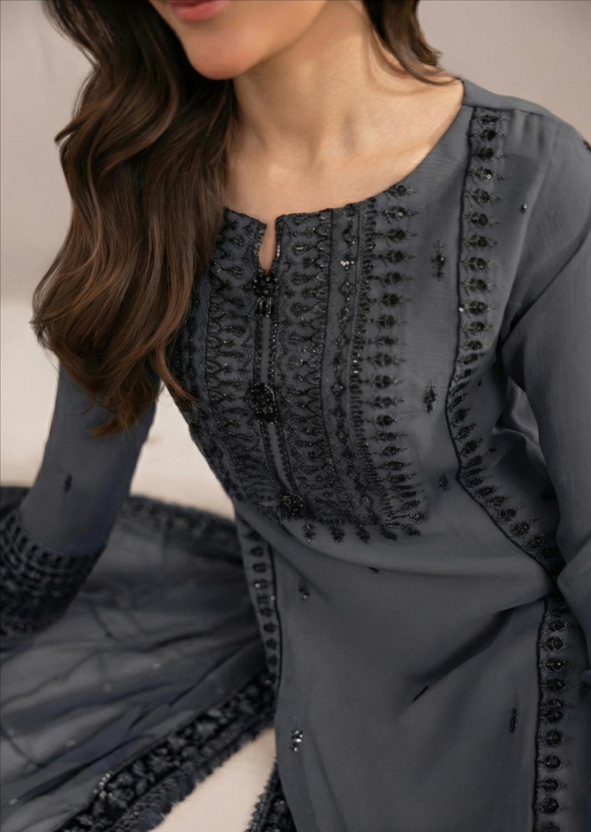 Grey Bemberg Crinkle Chiffon Designer Salwar Kameez Online in UK USA Canada