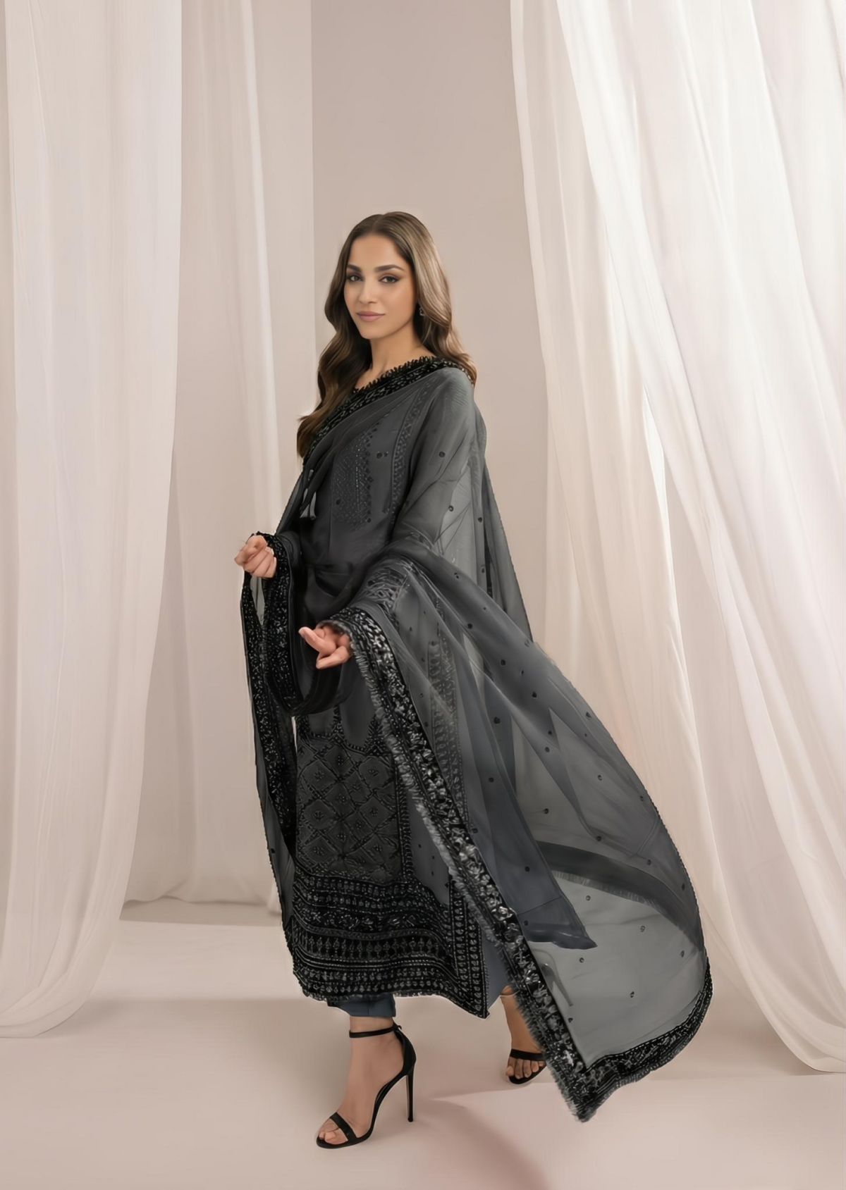 Grey Bemberg Crinkle Chiffon Embroidered Suit Online in Sri Lanka India Australia