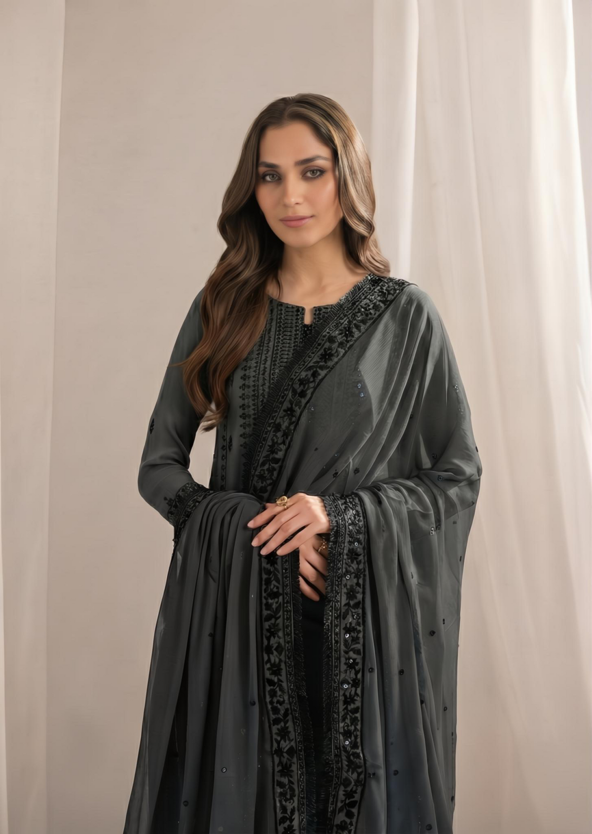Grey Bemberg Crinkle Chiffon Pakistani Suit Online in Dubai UAE Abudhabi Ajman Sharjah