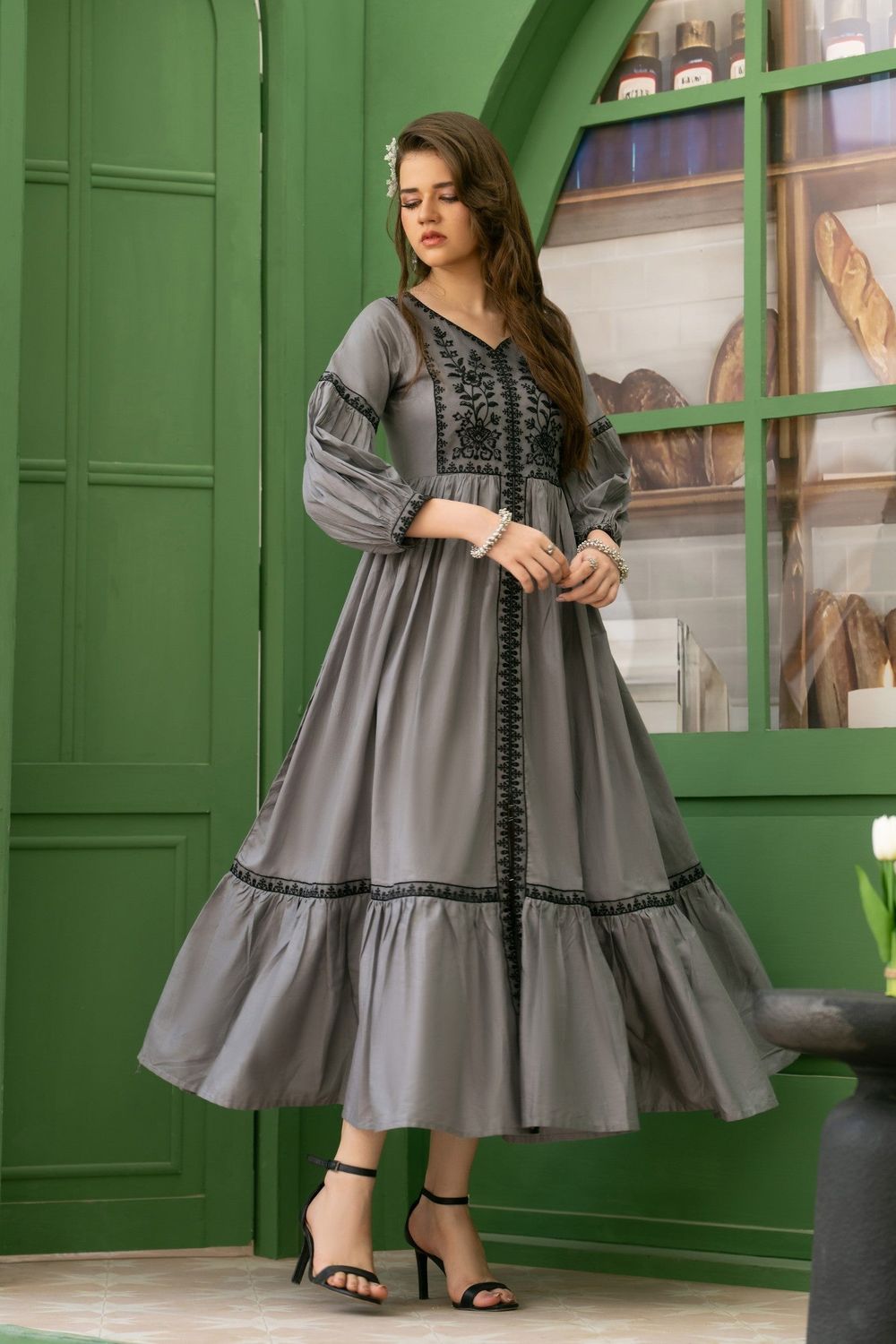 Grey Black Embroidered Cotton Partywear Dress Online in Dubai UAE Abudhabi Ajman Sharjah