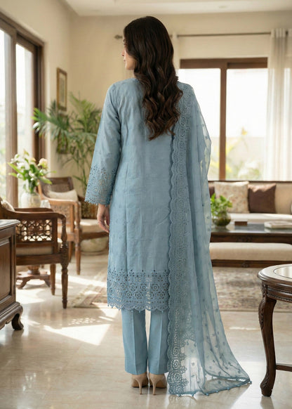 Grey Blue Embroidered Cotton Salwar Kameez Online in KSA Riyadh Saudi Arabia Oman Bahrain Qatar