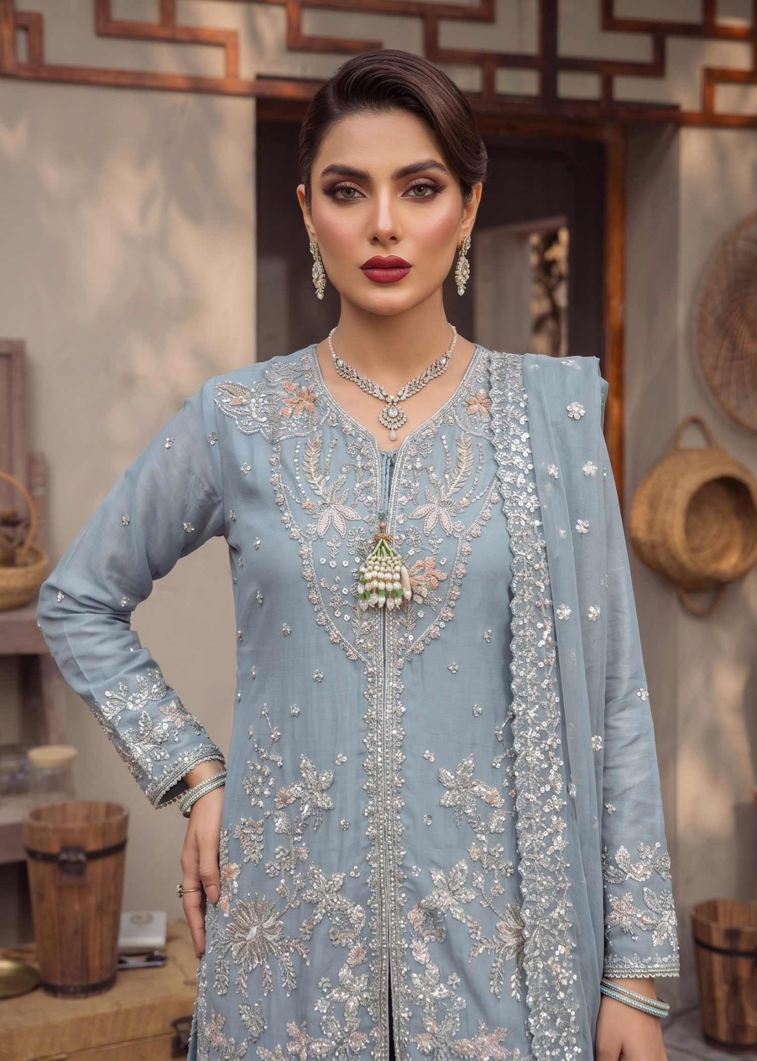 Grey Blue Organza Embroidered Ladies Suit Online in Dubai UAE Abudhabi Ajman Sharjah