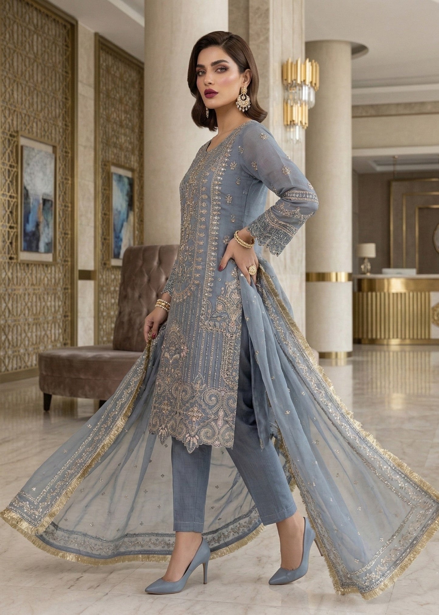 Grey Blue Organza Salwar Kameez Festive Wear Online in KSA Riyadh Saudi Arabia Oman Bahrain Qatar