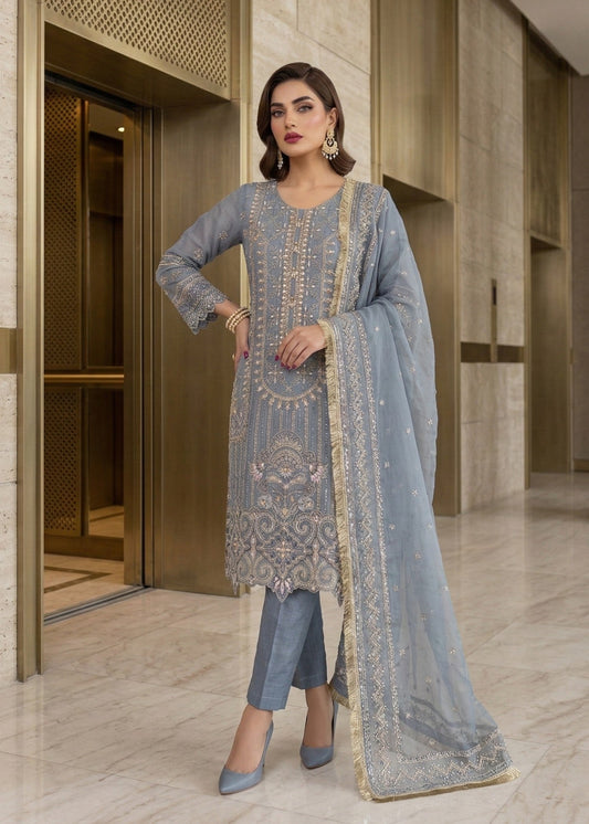 Grey Blue Pakistani Designer Organza Salwar Kameez Online in KSA Riyadh Saudi Arabia Oman Bahrain Qatar