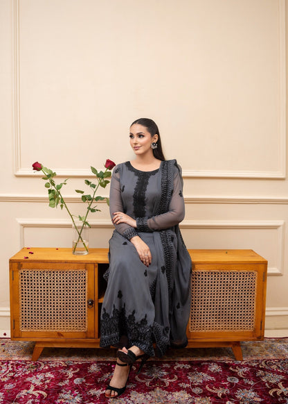 Grey Chiffon Embroidered Kurta with Dupatta Online in Sri Lanka India Australia