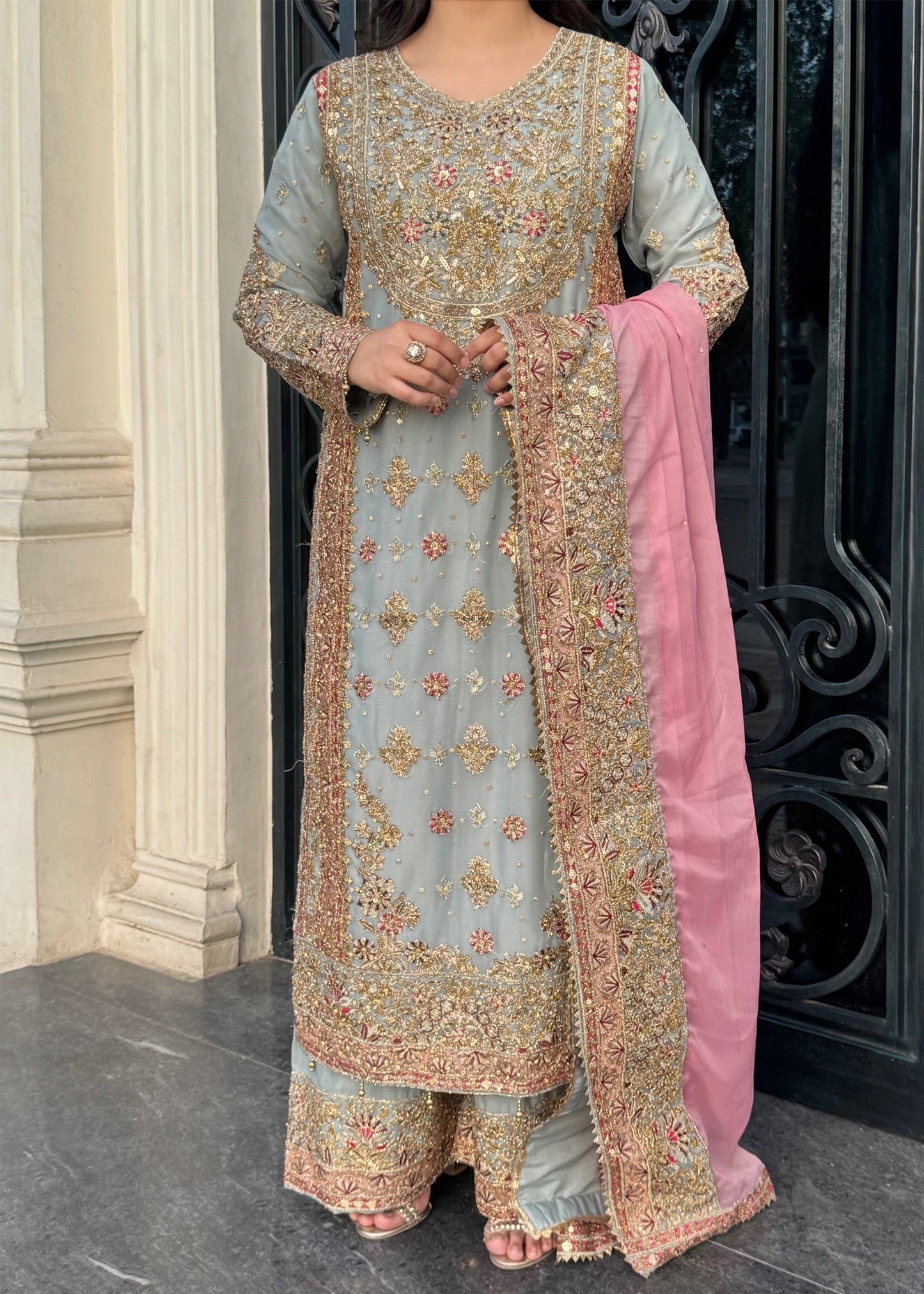 Grey Chiffon Embroidered Partywear Suit Online in KSA Riyadh Saudi Arabia Oman Bahrain Qatar