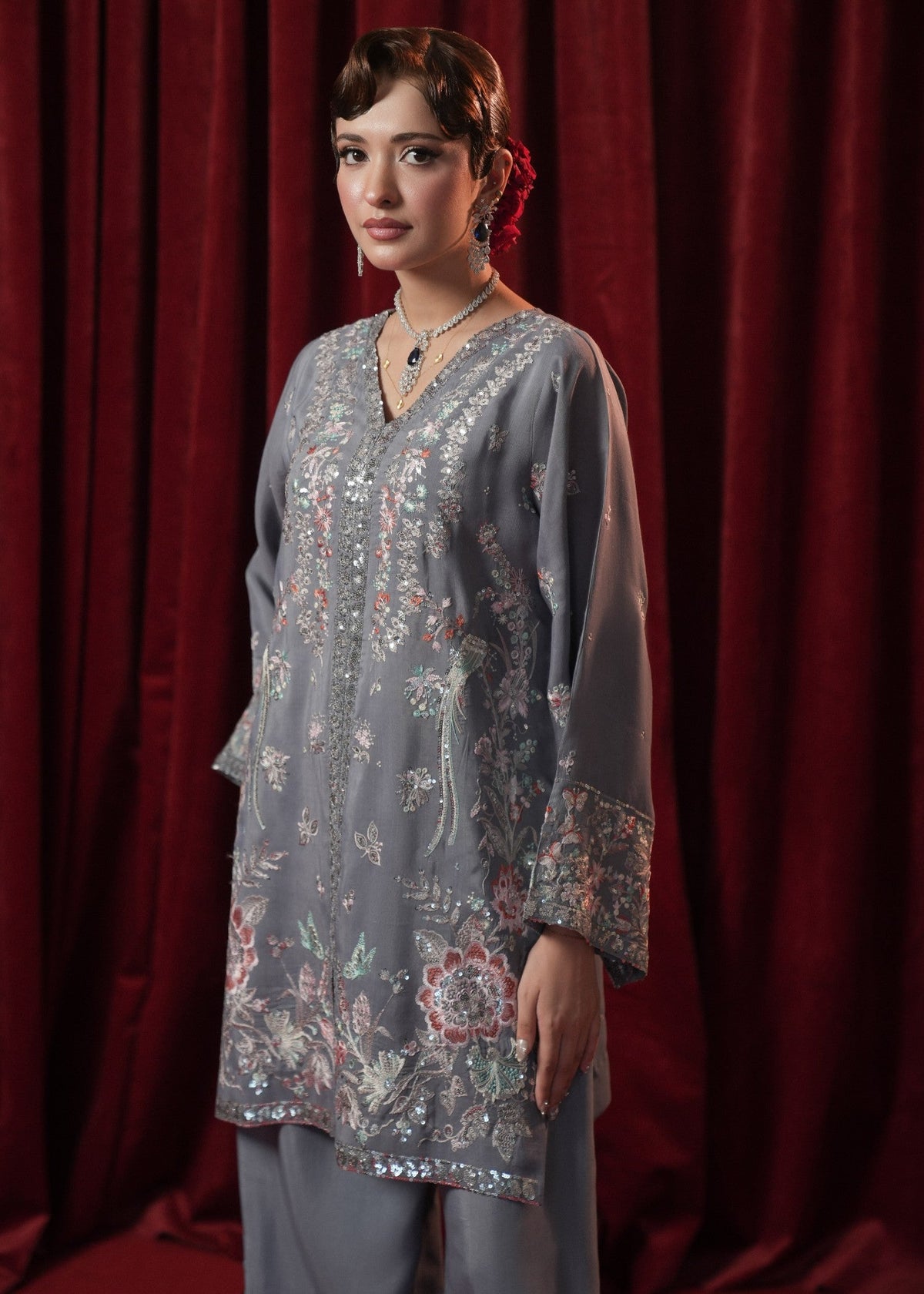 Grey Chiffon Embroidered Salwar Suit Online in Dubai DXB UAE Abudhabi Meena Bazaar