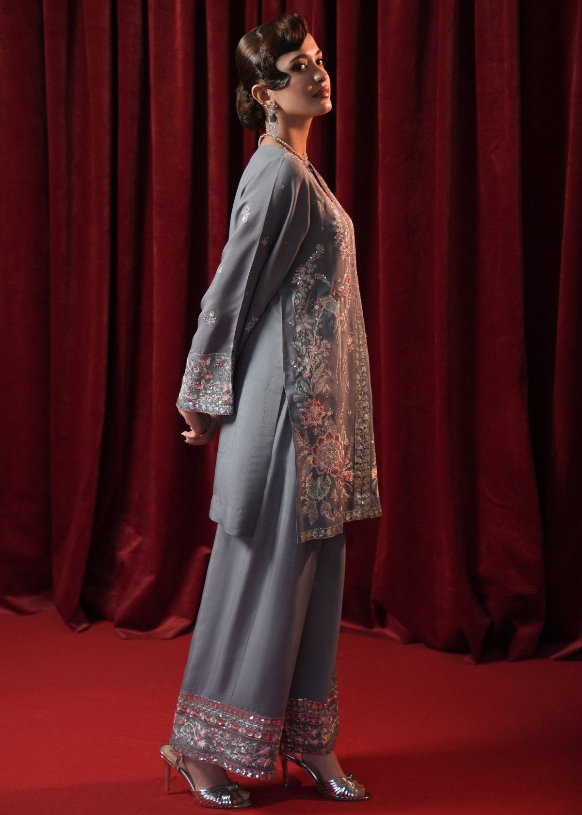 Grey Chiffon Festive Suit with Sequin Border Online in UK USA Canada