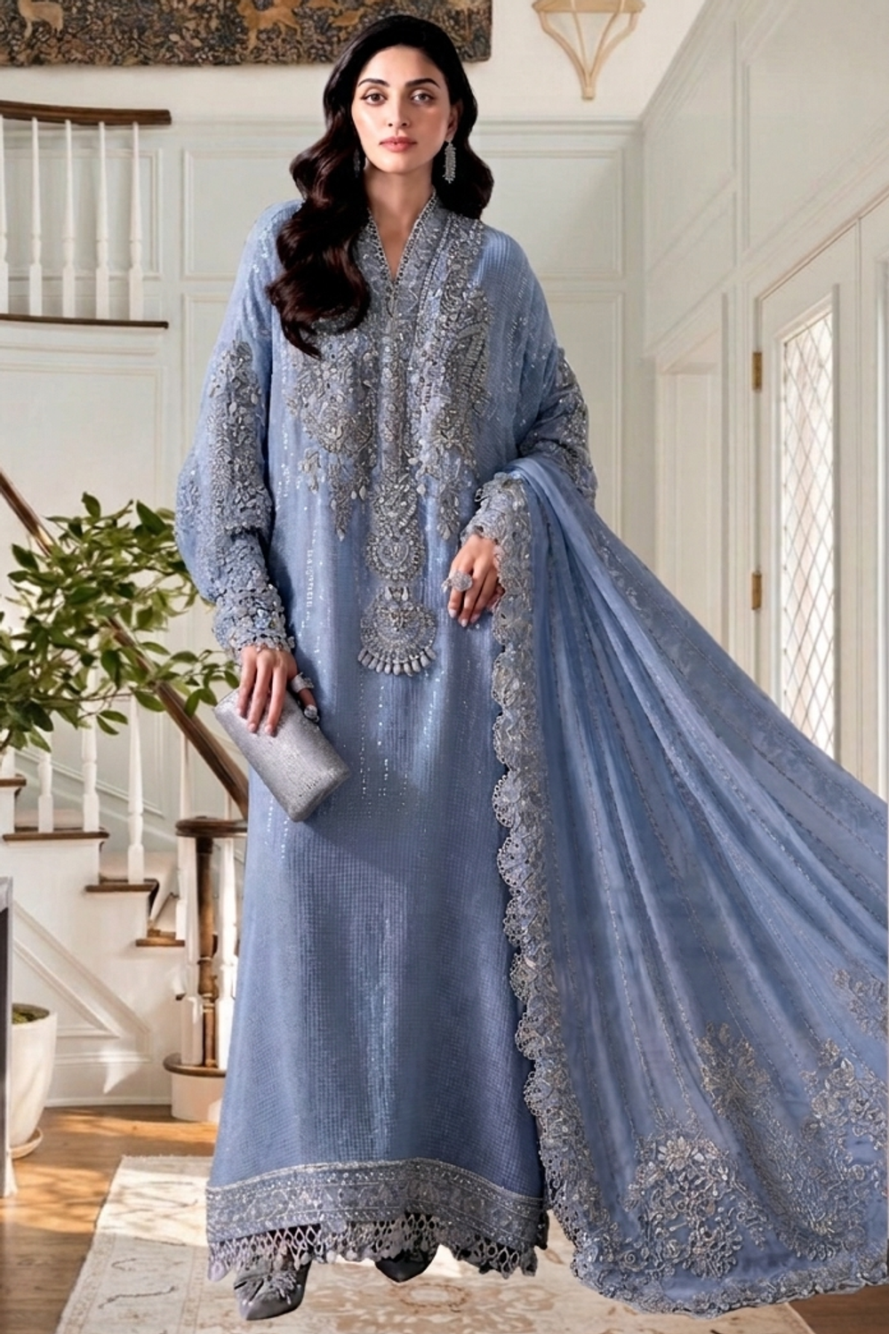 Grey Chiffon Formal Bridal Salwar Kameez Online in Dubai UAE Abudhabi Ajman Sharjah