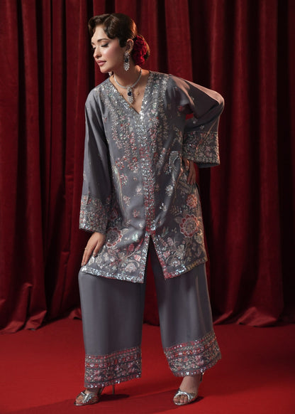 Grey Chiffon Pakistani Designer Suit Online in Dubai UAE Abudhabi Ajman Sharjah