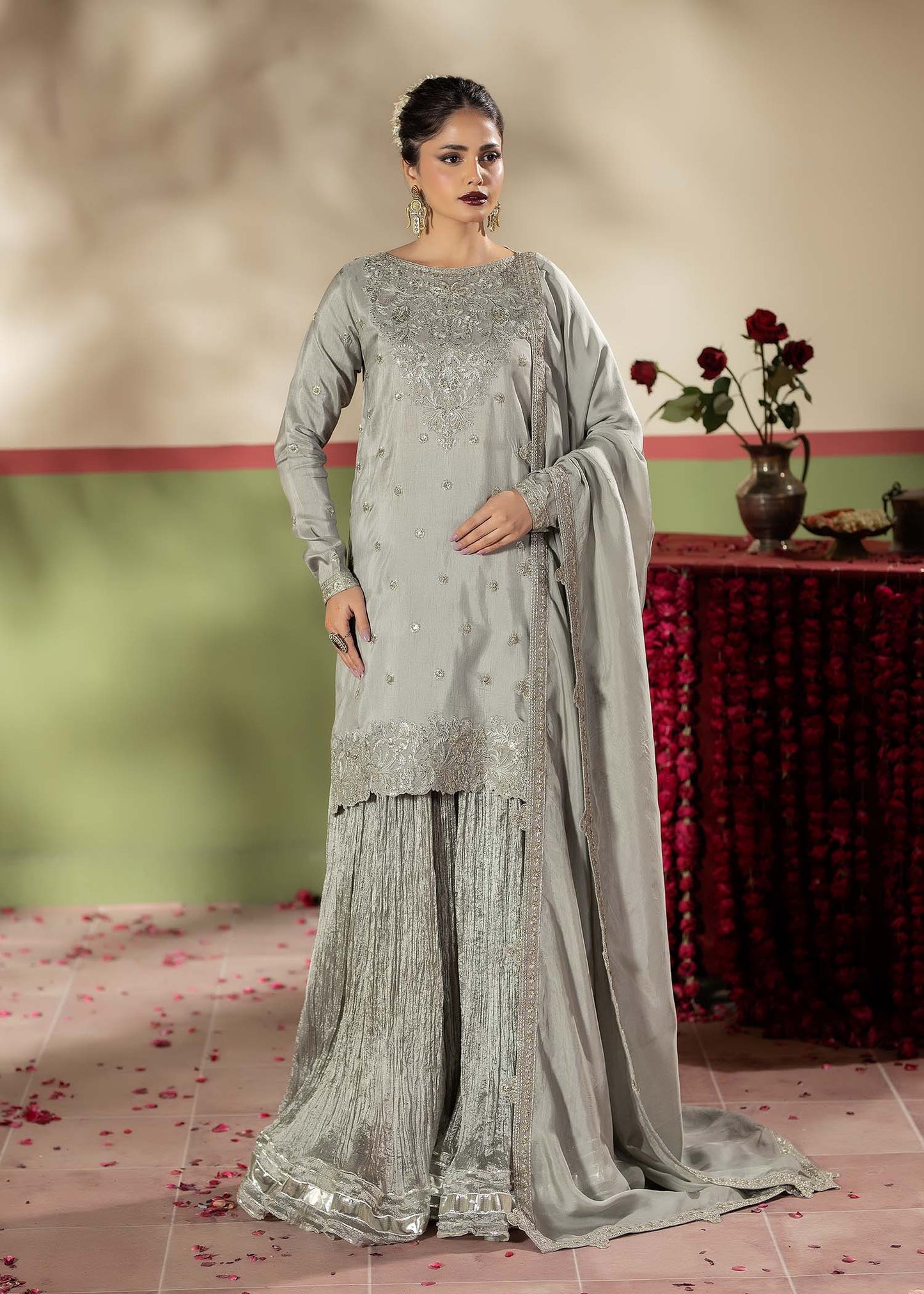 Grey Crush Sharara with Silk Dupatta Online in Sri Lanka India Australia