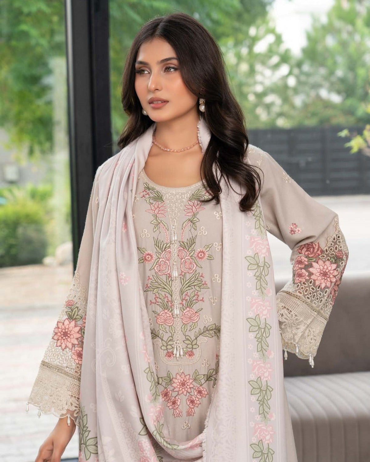 Grey Dhanak Embroidered Ready to Wear Suit Online in Sri Lanka India Australia